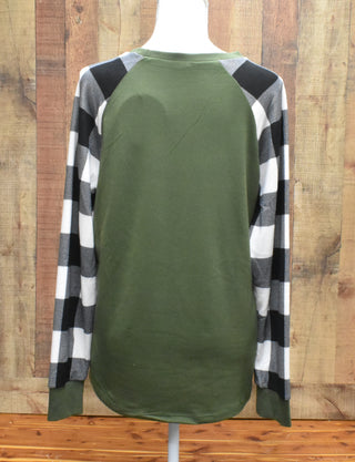 Olive and White  with Black Buffalo Plaid Top