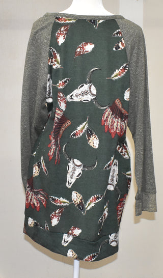 Headdress, Skull and Feather Print Knit Long Sleeved Top