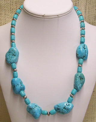 Handmade Turquoise Magnesite Nuggets with Silver Plate Spacers Necklace