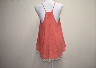 Coral Tank Top with White Lace Trim