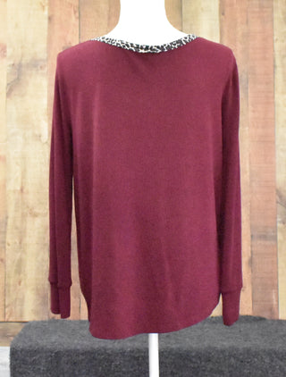 Wine Tie Front Leopard Trim Top