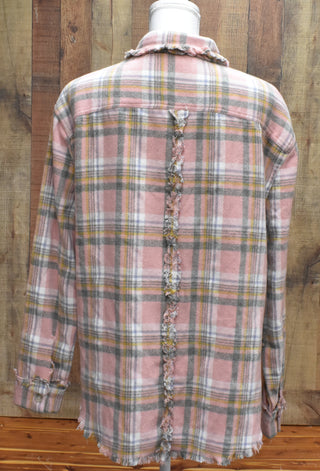 Pink Flannel Shirt, Distressed Hem