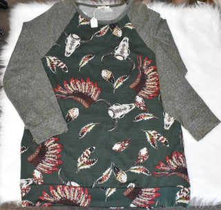 Headdress, Skull and Feather Print Knit Long Sleeved Top